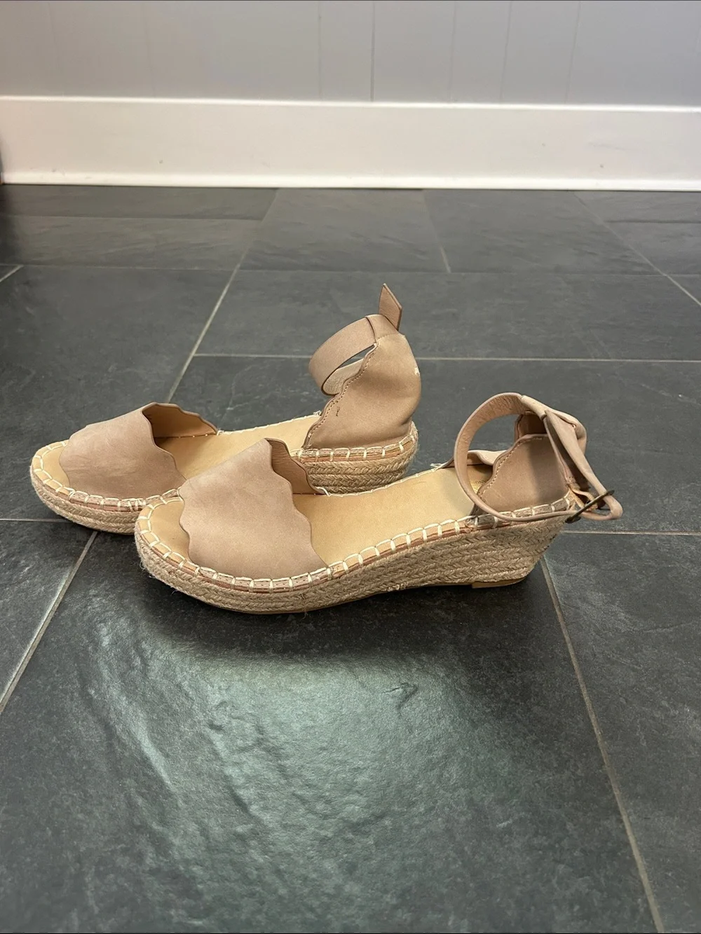 Beige Ankle-Strap Espadrille Wedges